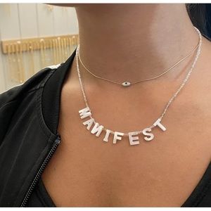 Mother of pearl letter "MANIFEST" topaz necklace